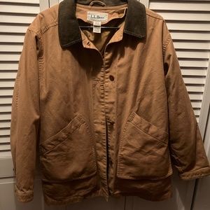 Vintage LL Bean Jacket Womens Barn Chore Coat Beige Corduroy Collar Pockets
